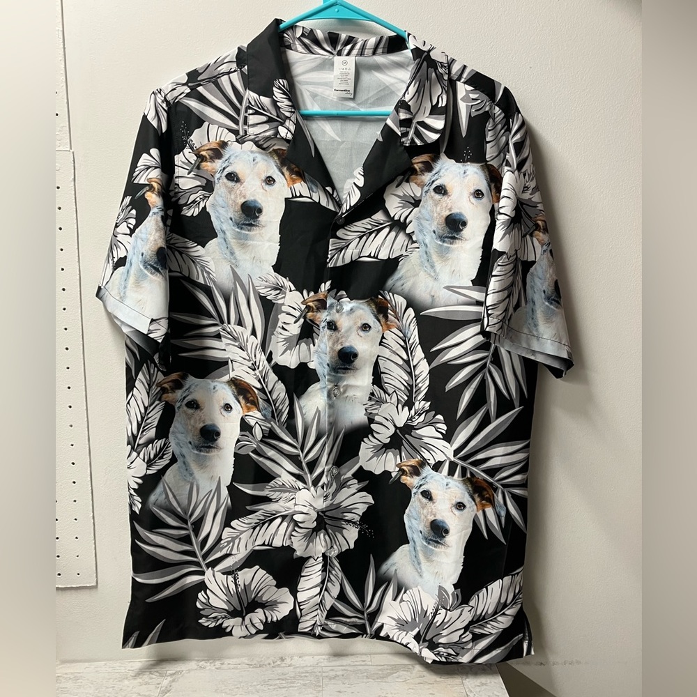 Dog Print Hawaiian Shirt Men’s Size Medium Black And White Dog Lover Floral